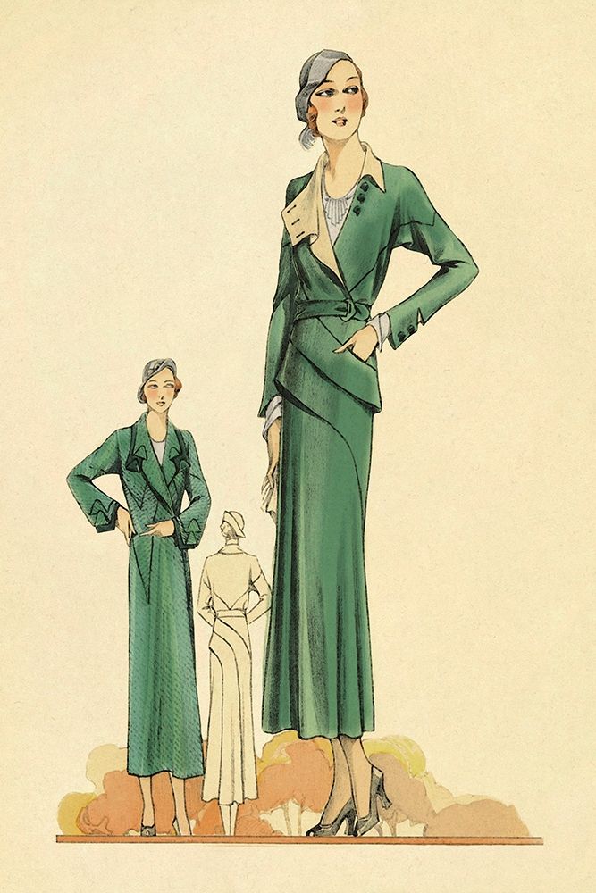 Wall Art Painting id:347609, Name: Green Dress and Overcoat, Artist: Vintage Fashion