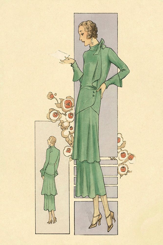 Wall Art Painting id:347620, Name: Emerald Dress for a Sunday Brunch, Artist: Vintage Fashion