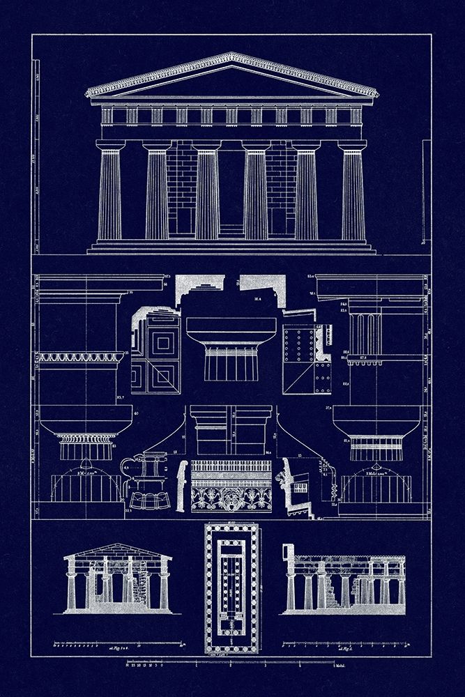 Wall Art Painting id:345910, Name: Temple of Poseidon at Paestum (Blueprint), Artist: Buhlmann, J.