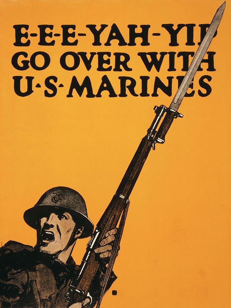 Wall Art Painting id:344664, Name: E-E-E-Yah-YIP, Go Over with U.S. Marines, 1917, Artist: Falls, Charles Buckles