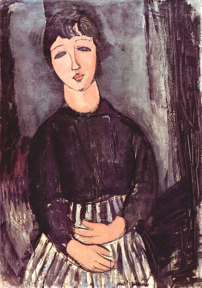 Wall Art Painting id:349954, Name: Seated girl in striped skirt, Artist: Modigliani, Amedeo