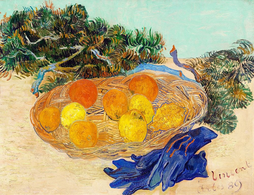 Wall Art Painting id:352569, Name: Still Life of Oranges and Lemons with Blue Gloves (1889), Artist: Van Gogh, Vincent