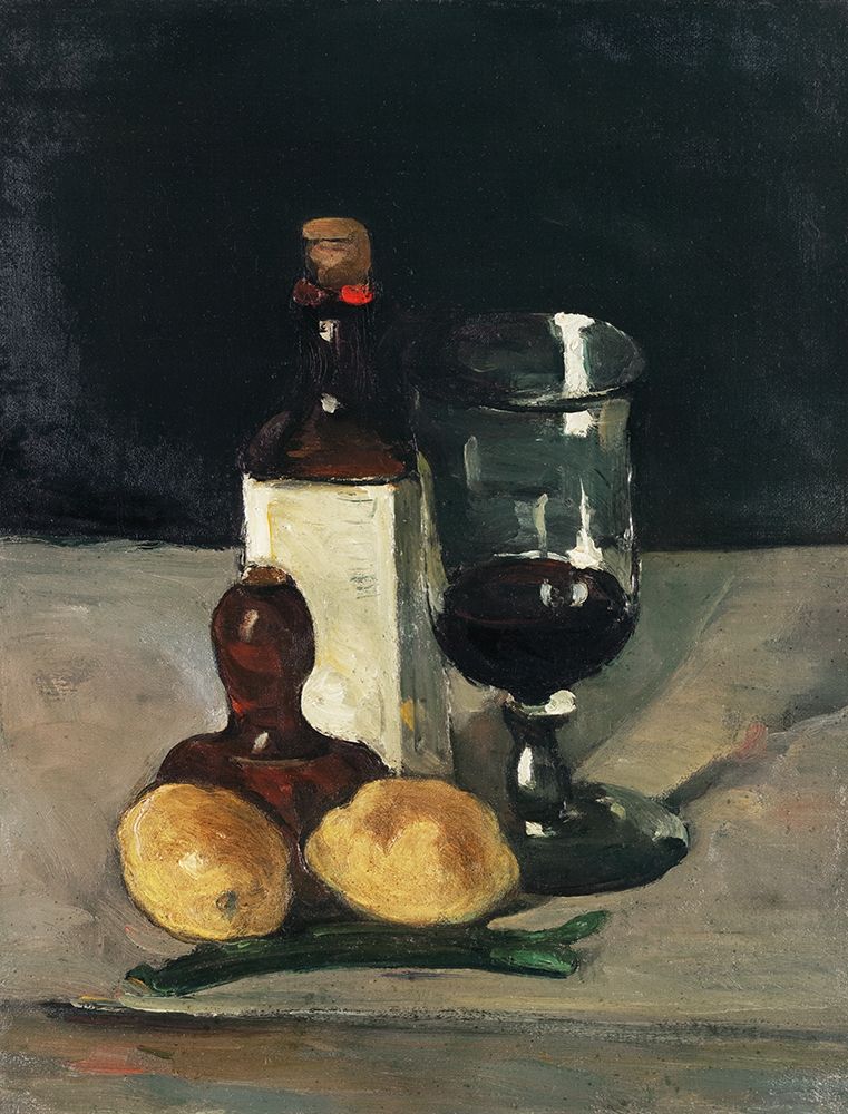 Wall Art Painting id:352648, Name: Still Life with Bottle, Glass, and Lemons, Artist: Cezanne, Paul