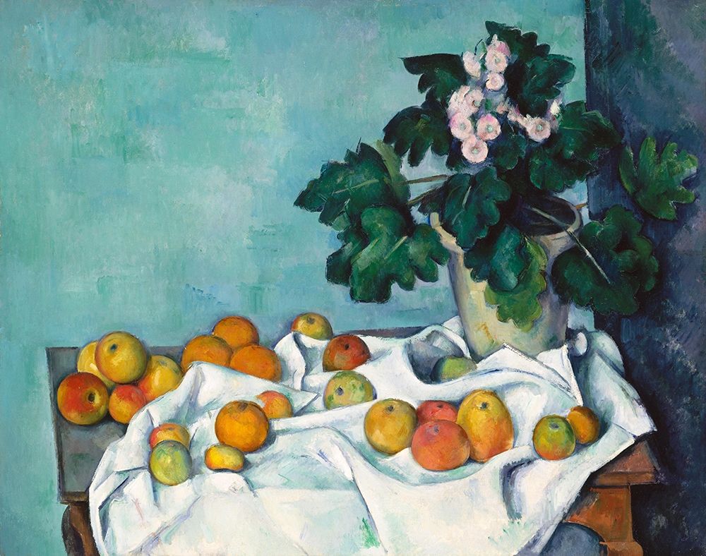 Wall Art Painting id:352656, Name: Still Life with Apples and a Pot of Primroses, Artist: Cezanne, Paul