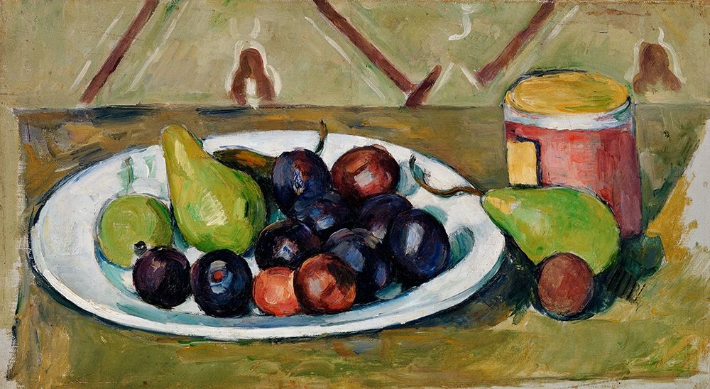 Wall Art Painting id:352715, Name: Plate with Fruit and Pot of Preserves, Artist: Cezanne, Paul