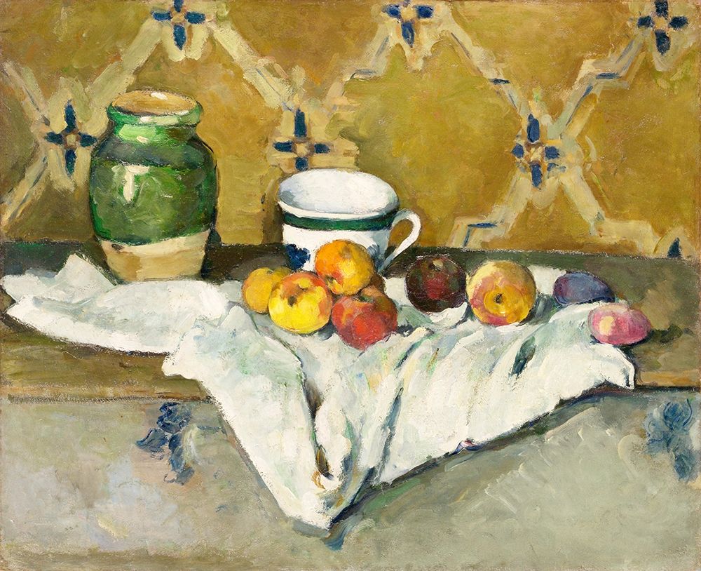 Wall Art Painting id:352717, Name: Still Life with Jar, Cup, and Apples , Artist: Cezanne, Paul