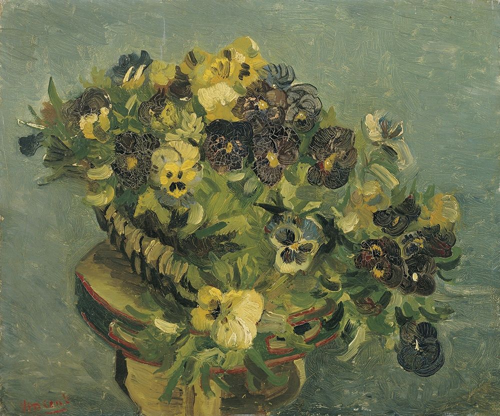 Art Print: Basket of pansies on a small table