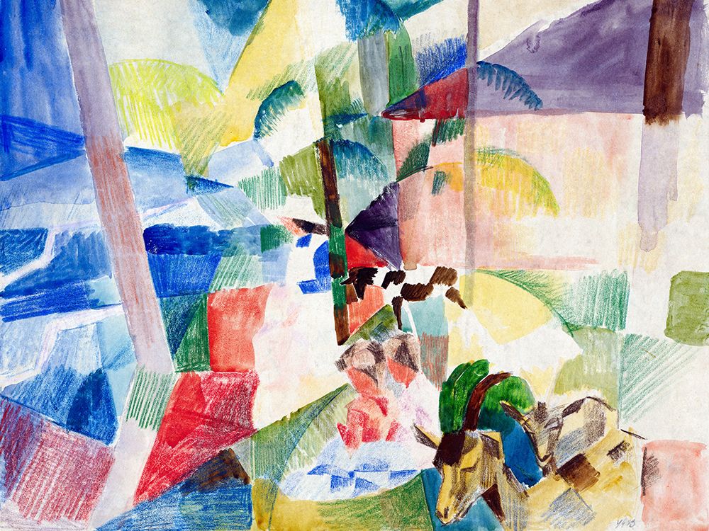 Wall Art Painting id:439602, Name: Landscape with children and goats, Artist: Macke, August