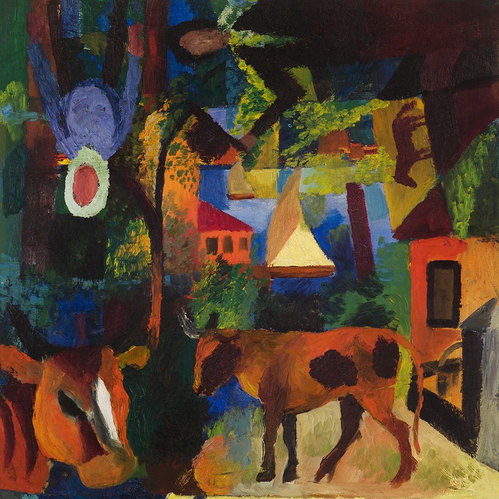 Wall Art Painting id:439607, Name: Landscape with Cows-Sailboat-and Painted-in Figures, Artist: Macke, August