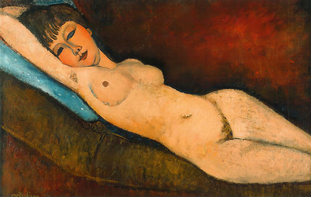 Wall Art Painting id:619722, Name: Reclining Nude on Blue Cushion 1916, Artist: Modigliani, Amedeo