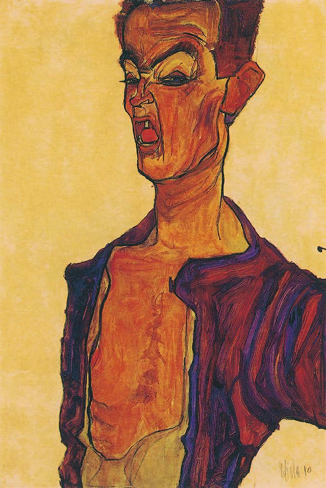 Wall Art Painting id:646121, Name: Grimacing Man Self-portrait 1910, Artist: Schiele, Egon