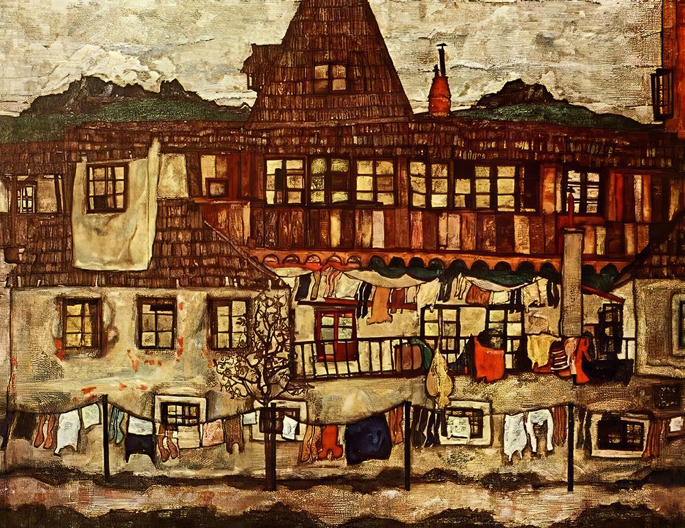 Wall Art Painting id:646122, Name: Houses with Drying Laundry 1917, Artist: Schiele, Egon