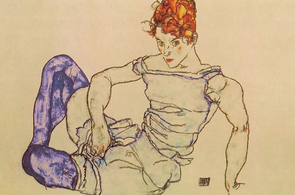 Wall Art Painting id:646142, Name: Seated Woman in Violet Stockings 1917, Artist: Schiele, Egon