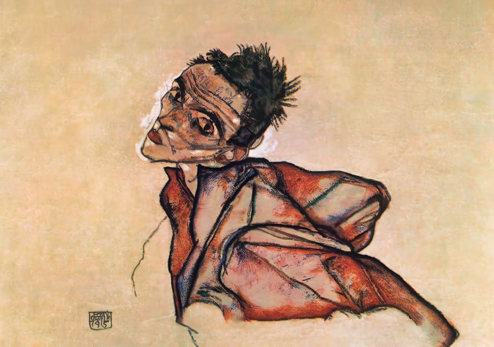 Wall Art Painting id:646149, Name: Self-Portrait with Arms Thrust Backwards 1915, Artist: Schiele, Egon