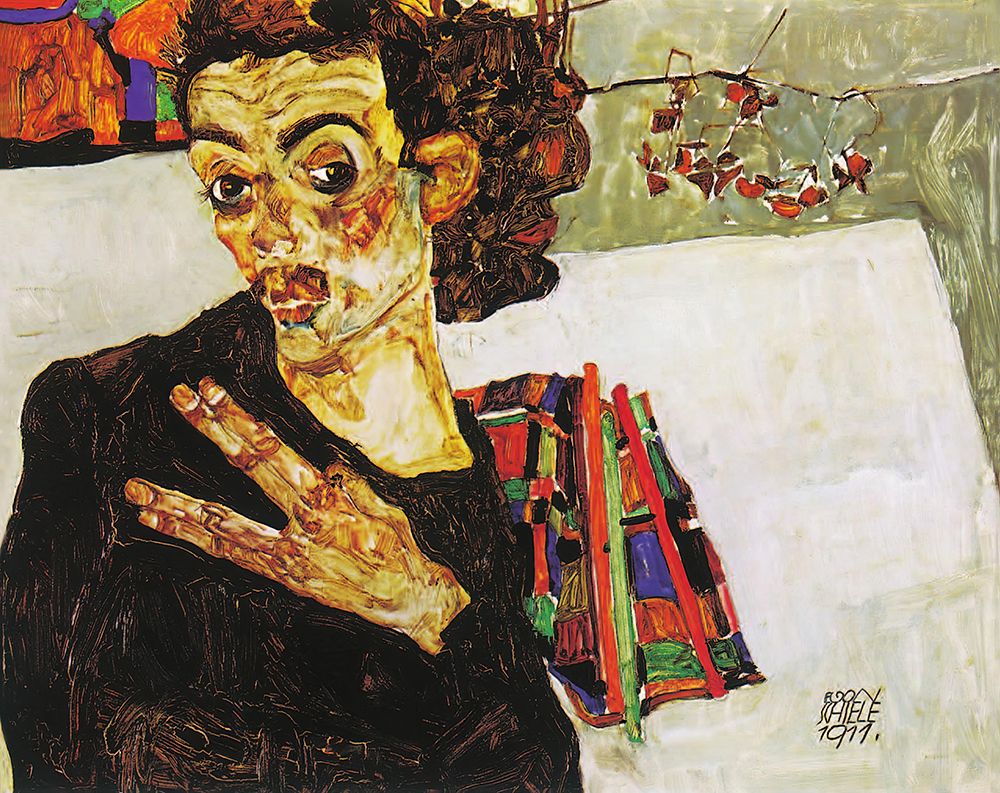 Wall Art Painting id:646150, Name: Self-Portrait with Black Clay Vase and Spread Fingers 1911, Artist: Schiele, Egon