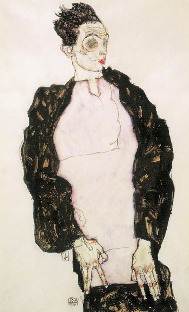 Wall Art Painting id:646152, Name: Self-Portrait with Lavender Shirt and Dark Suit 1914, Artist: Schiele, Egon