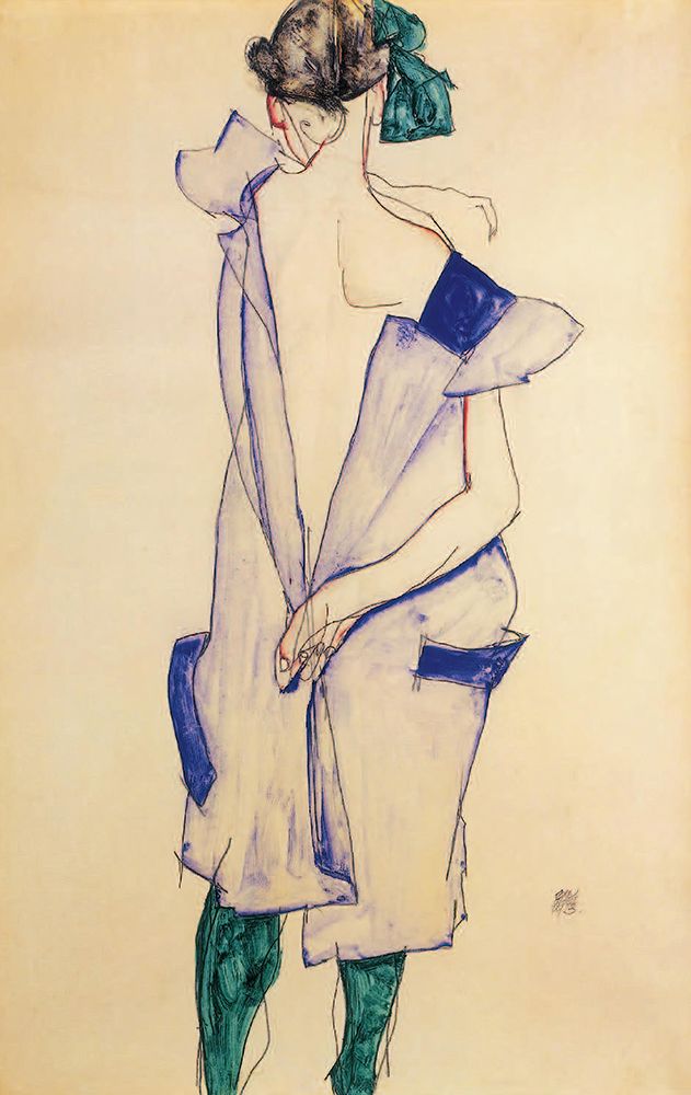 Wall Art Painting id:646153, Name: Standing Girl in Blue Dress and Green Stockings 1913, Artist: Schiele, Egon