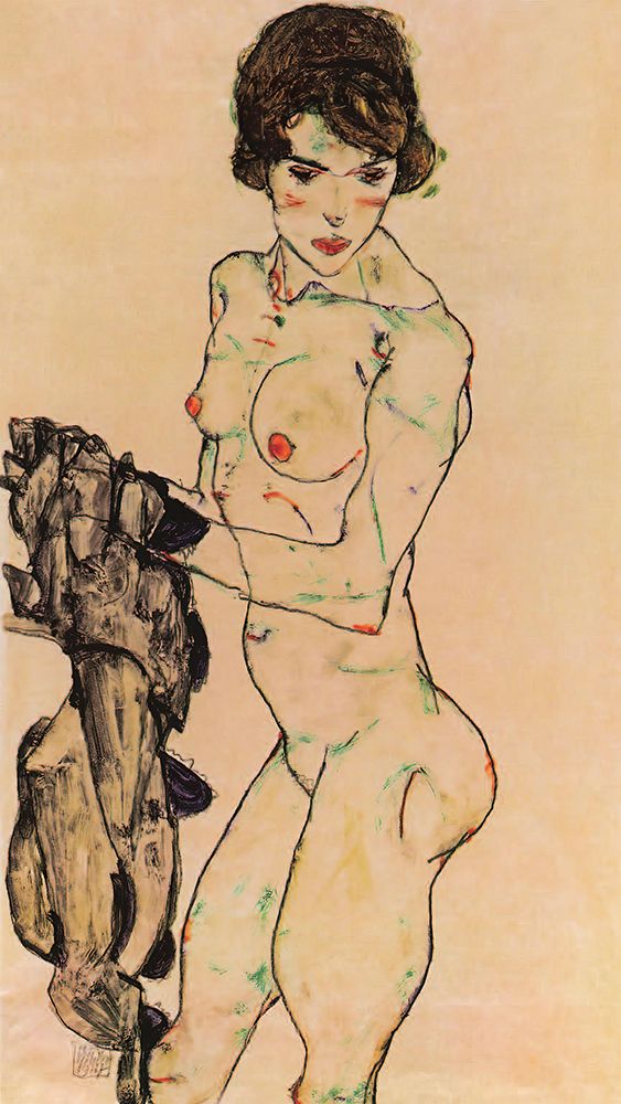 Wall Art Painting id:646156, Name: Standing Nude with Blue Cloth 1914, Artist: Schiele, Egon