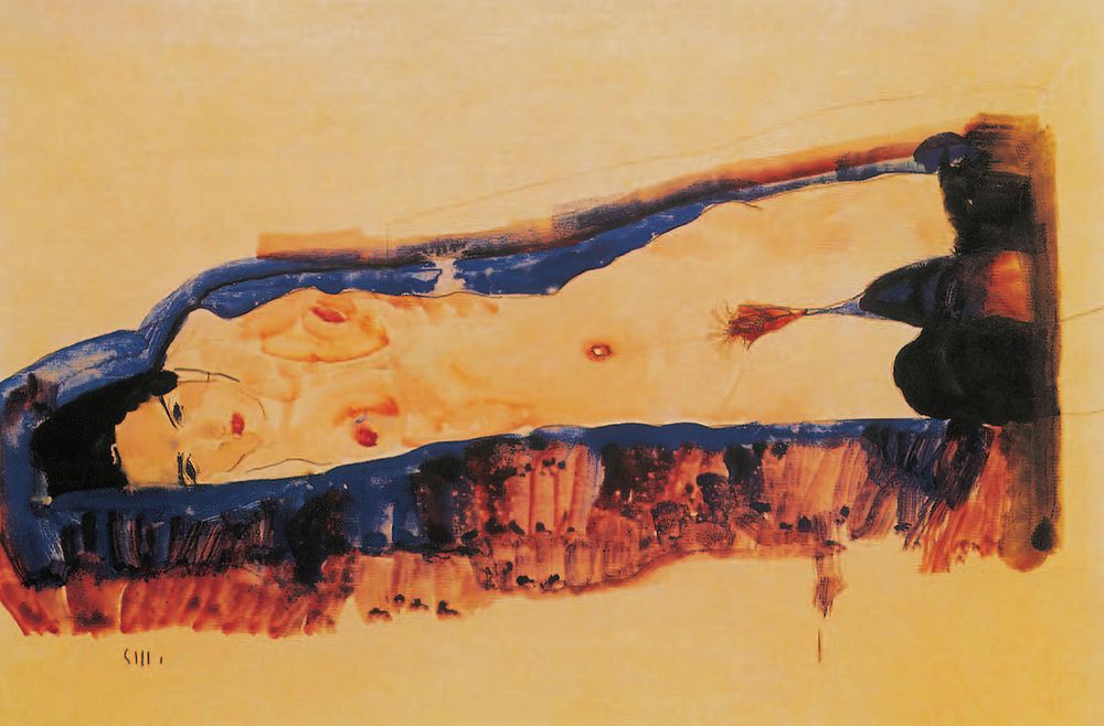 Wall Art Painting id:646206, Name: Reclining Nude with Black Stockings 1911, Artist: Schiele, Egon