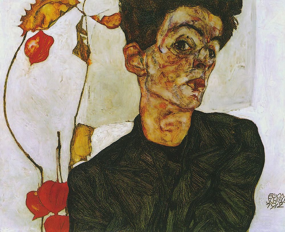 Wall Art Painting id:646213, Name: Self-Portrait with Chinese Lantern Plant 1912, Artist: Schiele, Egon
