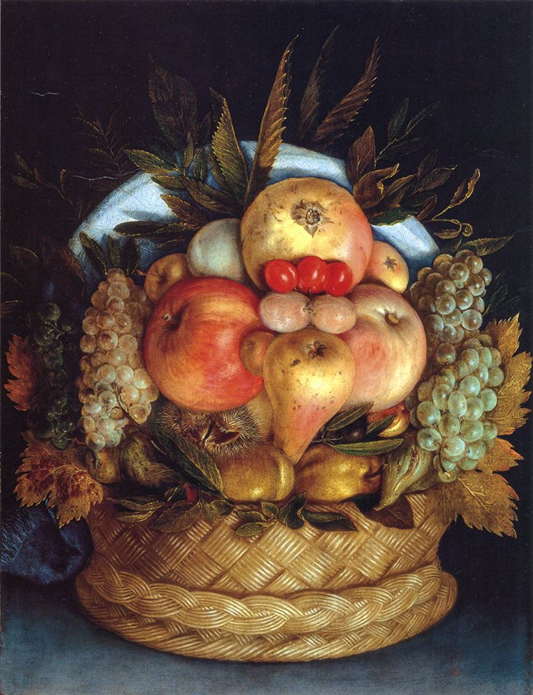 Wall Art Painting id:763759, Name: Reversible Head with Basket of Fruit 1 ca 1590, Artist: Arcimboldo, Giuseppe