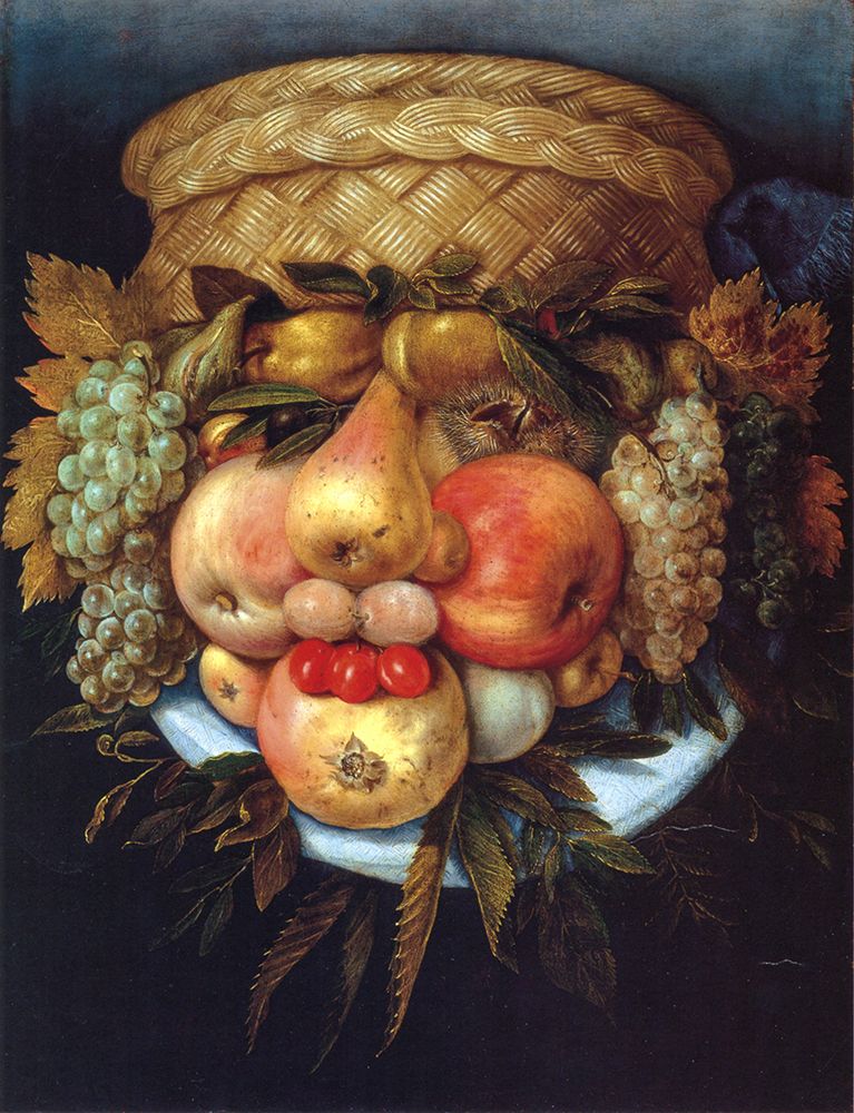 Wall Art Painting id:763760, Name: Reversible Head with Basket of Fruit 2 ca 1590, Artist: Arcimboldo, Giuseppe