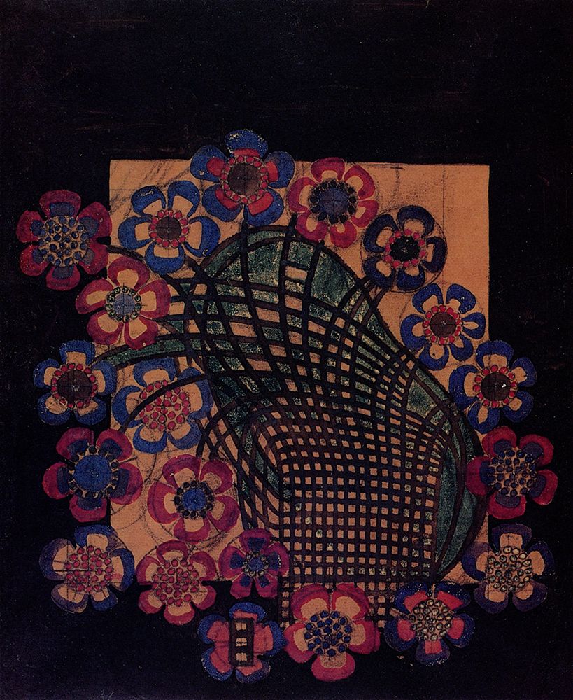 Wall Art Painting id:764569, Name: Blue and Pink Tobacco Flowers on a Green Lattice, Artist: Mackintosh, Charles Rennie