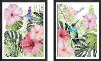 Set of wall art painting,Hibiscus and Hummingbird