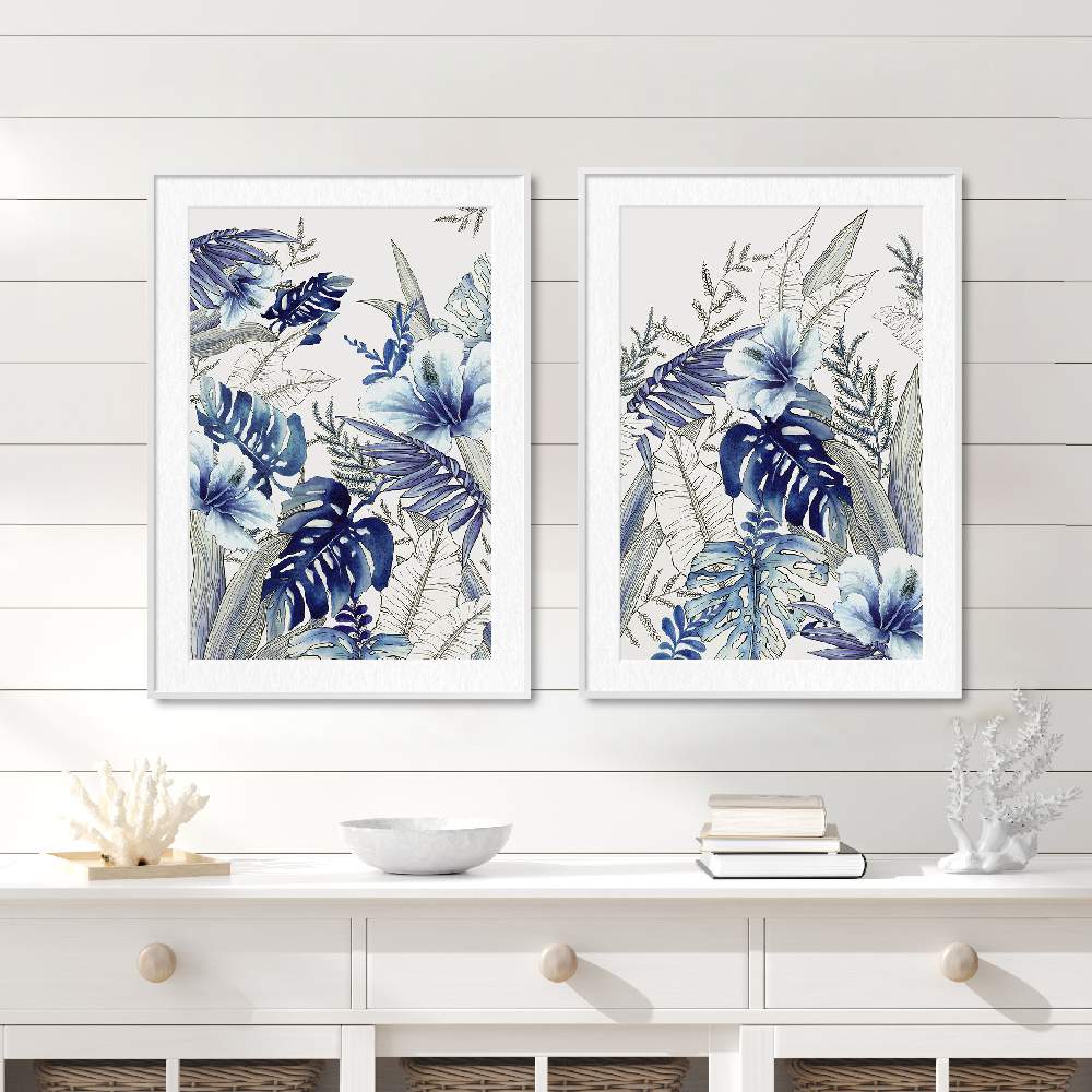 Set of wall art painting,Blue Tropical Forest