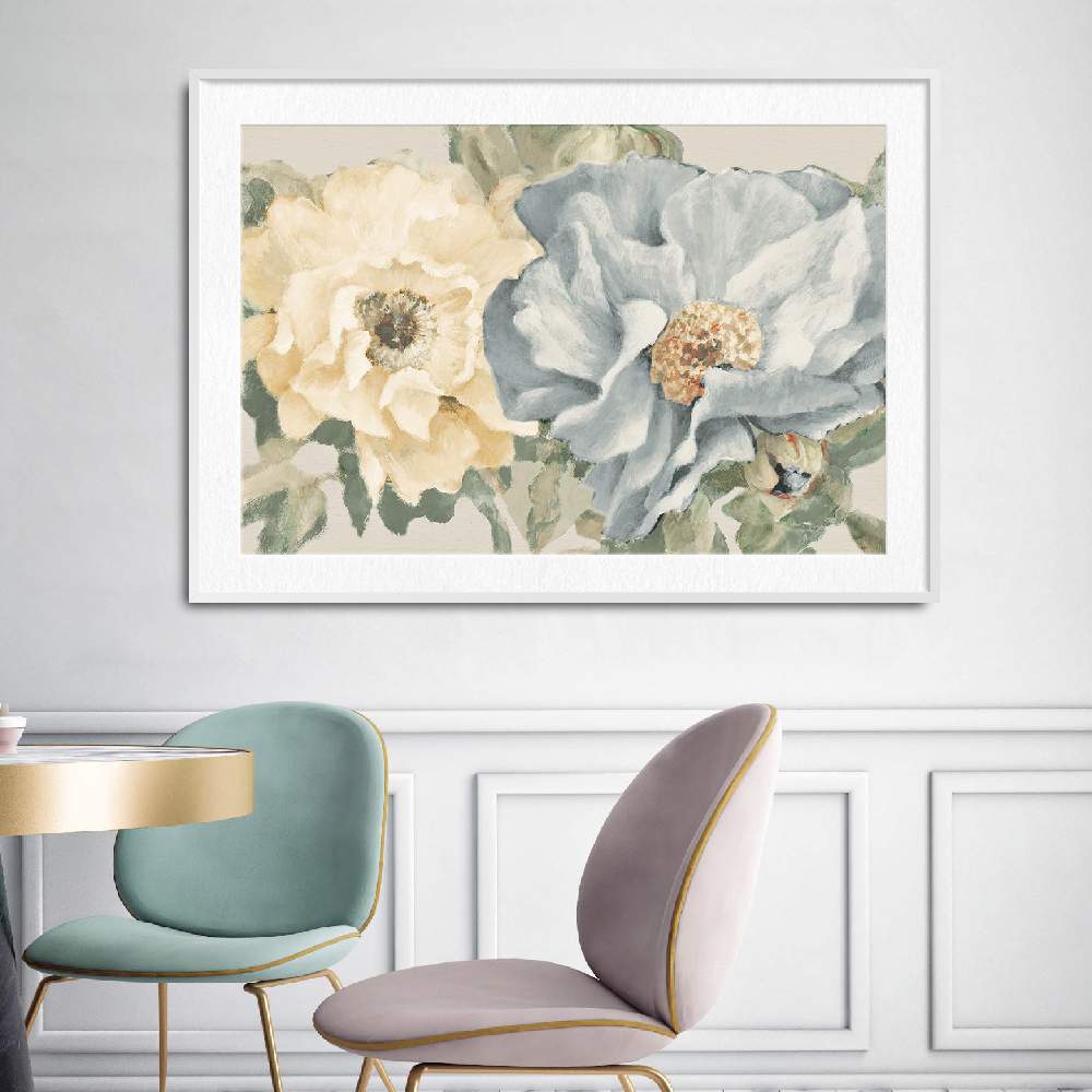 Set of wall art painting,Blue Neutral Peony