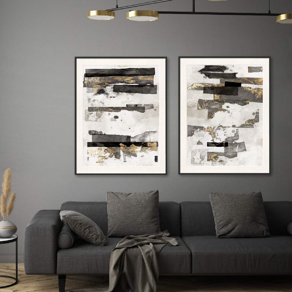 Set of wall art painting,Gold and Black Ink 
