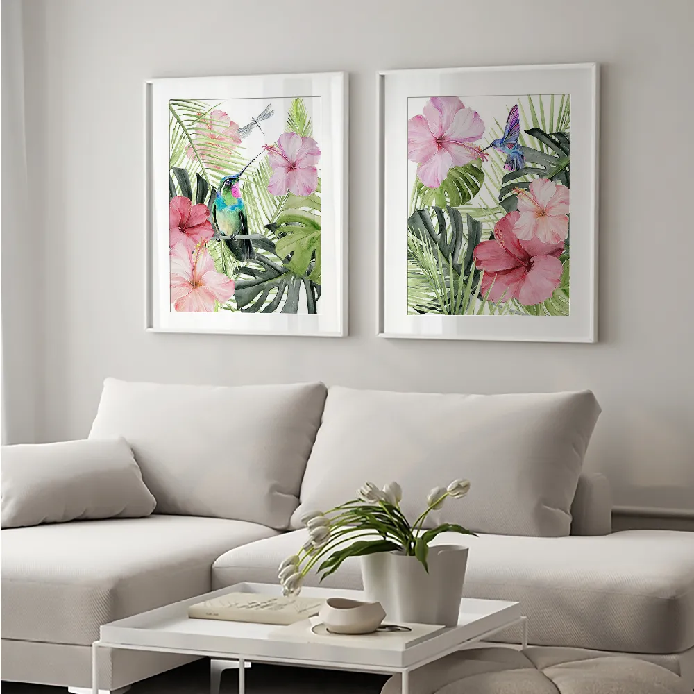 Set of wall art painting,Hibiscus and Hummingbird