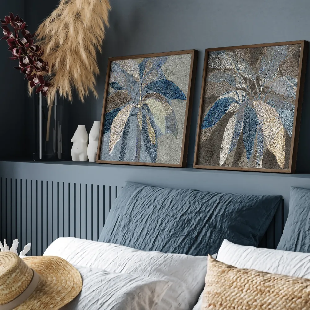 Set of wall art painting,Golden Blue Palms