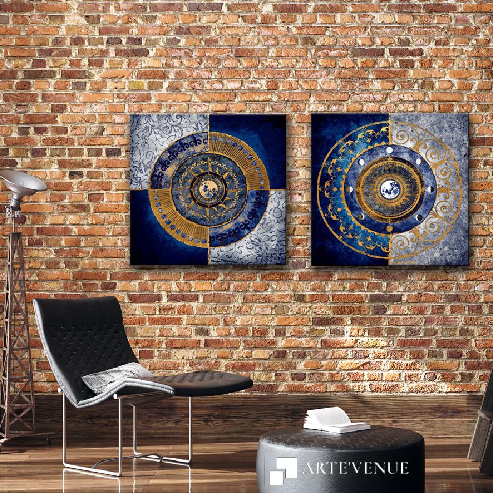 Set of wall art painting,Gold and Sapphire Moon Dial 
