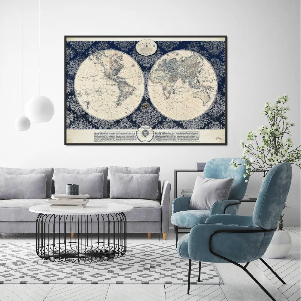 Set of wall art painting,Blue Map of the World
