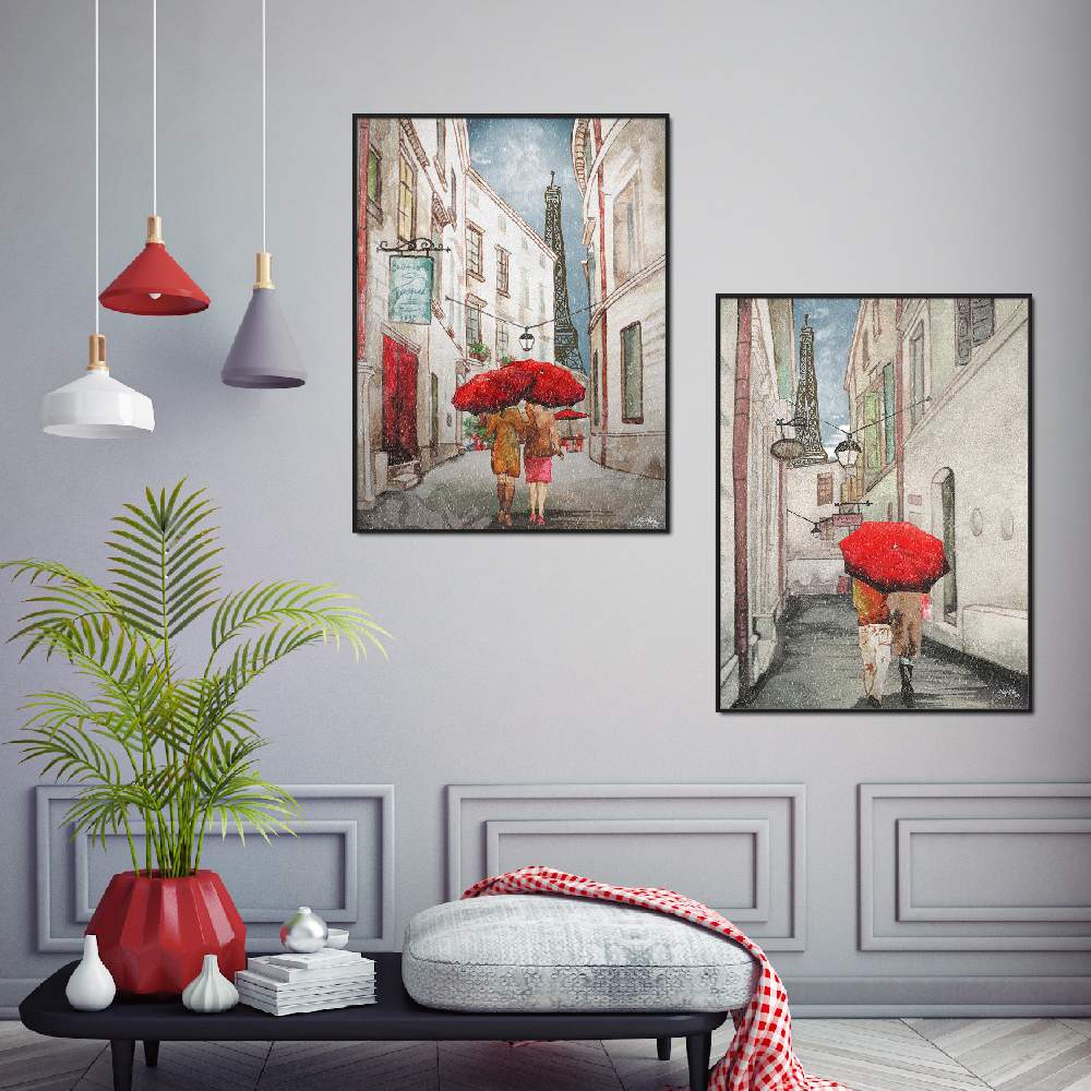 Set of wall art painting,Red Umbrella